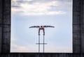 Flexible male circus Artist keep balance on hands in the concrete structure on sky background with reflection in the Royalty Free Stock Photo