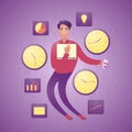 Flexible modern businessman between clocks and graphics. The concept of flexible work schedule.