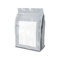 Flexible plastic bag package with white empty label realistic vector mock-up. Blank side gusset pouch packaging mockup