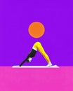 Flexible sportive young girl training, doing stretching and yoga exercises. Meditation over purple background Royalty Free Stock Photo