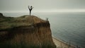 Athlete woman streching holding leg on beach hill. Girl practicing yoga near sea Royalty Free Stock Photo