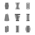 Flexible steel spiral. Metal bended wire coils shape elastic and compacted forms vector icon silhouettes isolated