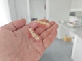 Flexible teeth in one hand with a medical clinic background