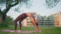 Flexible woman performing bridge pose at sunny park. Slim lady practicing yoga Royalty Free Stock Photo