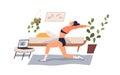 Flexible woman practicing yoga at home vector flat illustration. Yogi female watching online classes on laptop isolated