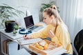 Flexible working, flexible work. Young woman freelancer working at home office with laptop and documents. Flexible work Royalty Free Stock Photo