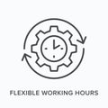 Flexible working hours flat line icon. Vector outline illustration of cogwheel and clock. Black thin linear pictogram