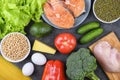 Flexitarian Diet. Vegetables, cereals, fish, eggs, cheese and chicken on a black background, flat lay. The concept of Royalty Free Stock Photo