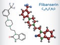 Flibanserin molecule. It is serotonergic antidepressant. Structural chemical formula, molecule model.