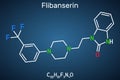 Flibanserin molecule. It is serotonergic antidepressant. Structural chemical formula on the dark blue background