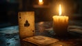 The flicker of candlelight casting shadows over a hand of cards, secrets in plain sight