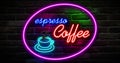 Flickering blinking red and blue neon espresso coffee image symbol sign on brick wall background, open espresso coffee bar relax