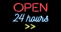 Flickering blinking red and blue neon sign on black background, open shop bar 24 hours sign Royalty Free Stock Photo