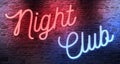 Flickering blinking red and blue neon sign on brick wall background, adult show night club