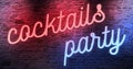 Flickering blinking red and blue neon sign on brick wall background, open cocktails party sign