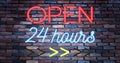 Flickering blinking red and blue neon sign on brick wall background, open shop bar 24 hours sign Royalty Free Stock Photo