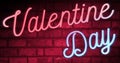 Flickering blinking red and blue neon sign on red love brick wall background with alpha channel matte, valentine day holiday