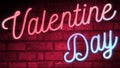 Flickering blinking red and blue neon sign on red love brick wall background, valentine day holiday event festive sign