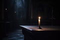 a flickering candle in a dark chapel, casting eerie shadows