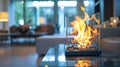 The flickering flames dance in the glass enclosure of the modern fireplace. 2d flat cartoon