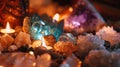 The flickering flames illuminate a collection of crystals and geodes amplifying the positive energy in the room. 2d flat