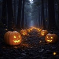 Flickering flames on pumpkins light the path through the trees with sparks, atmosphere, forest, woods Royalty Free Stock Photo