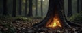 Flickering flames surround ancient oak tree trunks, forest floor, burning Royalty Free Stock Photo