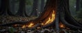Flickering flames surround ancient oak tree trunks, wood, oak tree Royalty Free Stock Photo