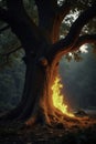 Flickering flames surround ancient oak tree trunks, woods, fire, oak tree Royalty Free Stock Photo