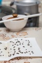 Flies caught on white sticky paper trap Royalty Free Stock Photo