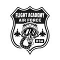 Flight academy vector emblem, badge, label, logo or t-shirt print with pilot helmet in monochrome vintage style isolated