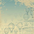 FLIGHT Aeronautics . Vintage hot air balloons floating in the sky. Grunge background. Monochrome in shades of blue. Royalty Free Stock Photo