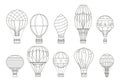 Flight aerostat air balloon travel basket retro airship cartoon isolated on white icons set cartoon outline lineart Royalty Free Stock Photo