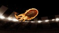 Flight of american football ball through dark evening stadium with spotlights. Concept of sport, art, energy, power