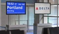 Flight from Atlanta to Portland, airport terminal gate. Editorial 3d rendering