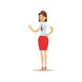 Flight Attendant In Red Uniform, Part Of Airport And Air Travel Related Scenes Series Of Vector Illustrations