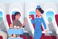 Flight attendant serving drinks to passenger stewardess in uniform pushing trolley cart professional service travel