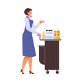 Flight attendant serving to passengers of plane, vector illustration isolated. Royalty Free Stock Photo