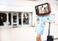 Flight attendant with tv head sleeping