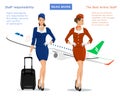 Flight attendants vector concept: stewardess in blue uniform with suitcase, stewardess in red suit and flying plane on