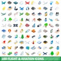 100 flight aviation icons set, isometric 3d style