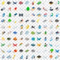 100 flight aviation icons set, isometric 3d style