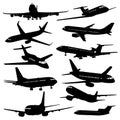 Flight aviation vector icons. Airplane black silhouettes