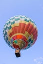 Flying balloon with passengers in a basket against the blue sky at the festival of Aeronautics summer evening in Pereslavl-Zalessk