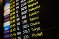 Flight board background of Nagoya, Fukuoka, London, Samui, Osaka