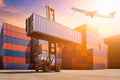 Flight cargo flying over Logistic cargo container