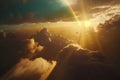 Flight through cloudscape at sunset golden hour with beautiful rainbow and lens flare. Magical fantasy sky skyline Royalty Free Stock Photo