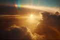 Flight through cloudscape at sunset golden hour with beautiful rainbow and lens flare. Magical fantasy sky skyline Royalty Free Stock Photo