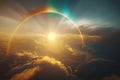 Flight through cloudscape at sunset golden hour with beautiful rainbow and lens flare. Magical fantasy sky skyline Royalty Free Stock Photo