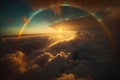 Flight through cloudscape at sunset golden hour with beautiful rainbow and lens flare. Magical fantasy sky skyline Royalty Free Stock Photo